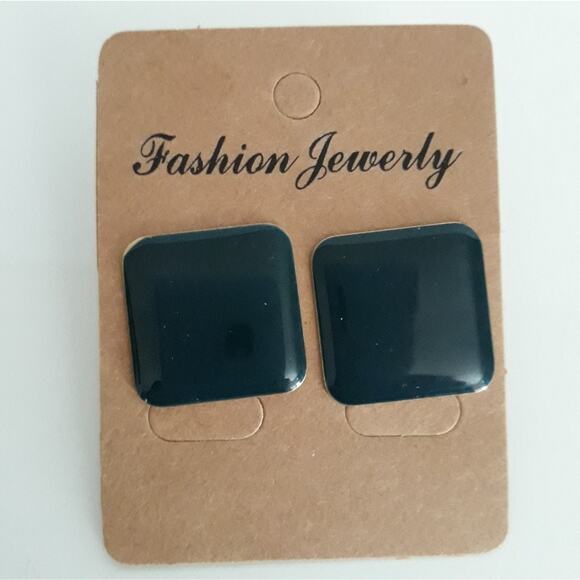 Vintage Black Rounded Square Earrings Gold Halo - Picture 1 of 2